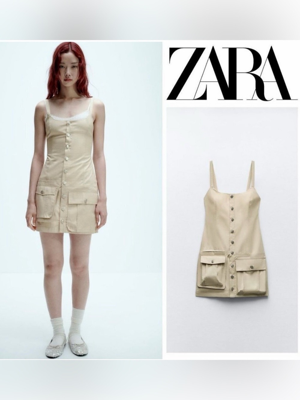 ZARA Beige Garbardine Mini Dress Button Front Festival Tan Neutral Size M
